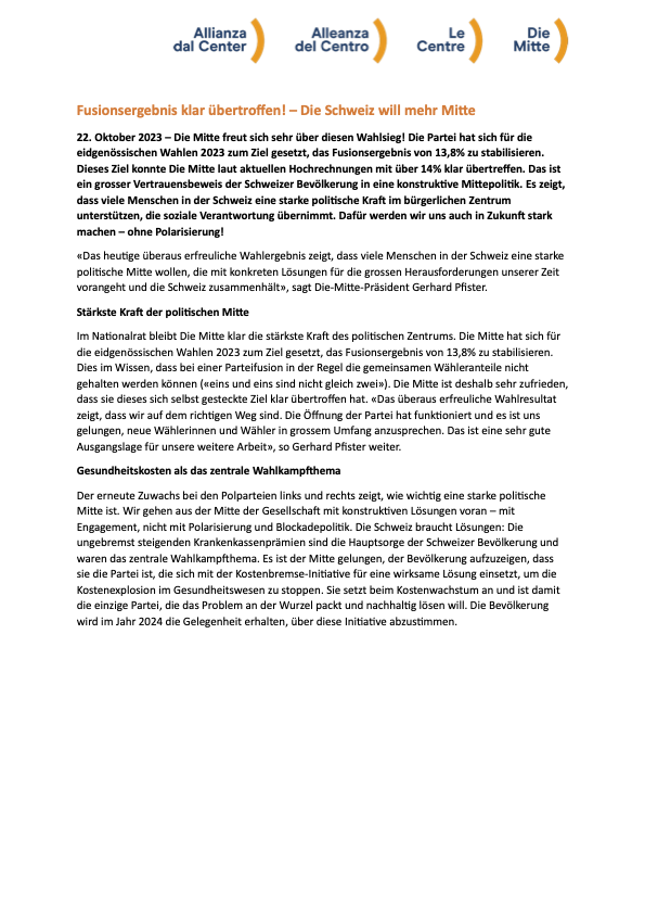 Die Mitte hat sich für die #WahlCH23 zum Ziel gesetzt, das Fusionsergebnis von 13,8% zu stabilisieren. Dieses Ziel kann Die Mitte klar übertreffen. Dieses Ziel konnte Die Mitte laut aktuellen Hochrechnungen mit über 14% klar übertreffen. 1/2 
Communiqué 👇
