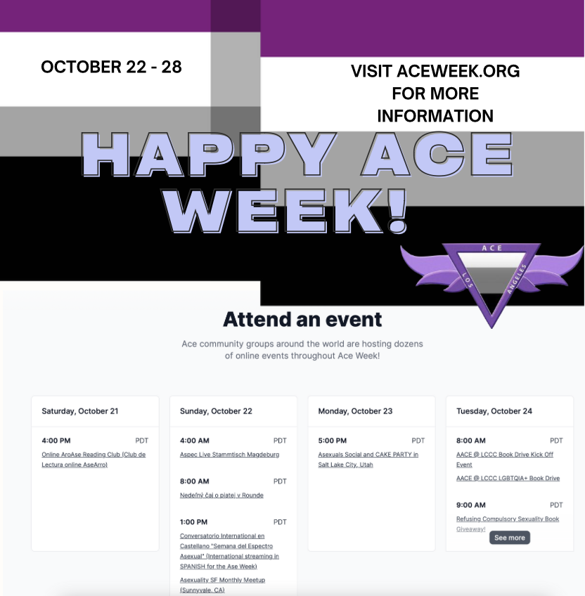 acelosangeles's tweet image. Happy Ace Week from Ace Los Angeles! Let's spread awareness, kindness, and have fun 💜 And check out aceweek.org for more information about events! #aceweek #happyaceweek #happyasexualawarenessweek #asexualawarenessweek #asexual #asexuality #asexualpride #demisexual