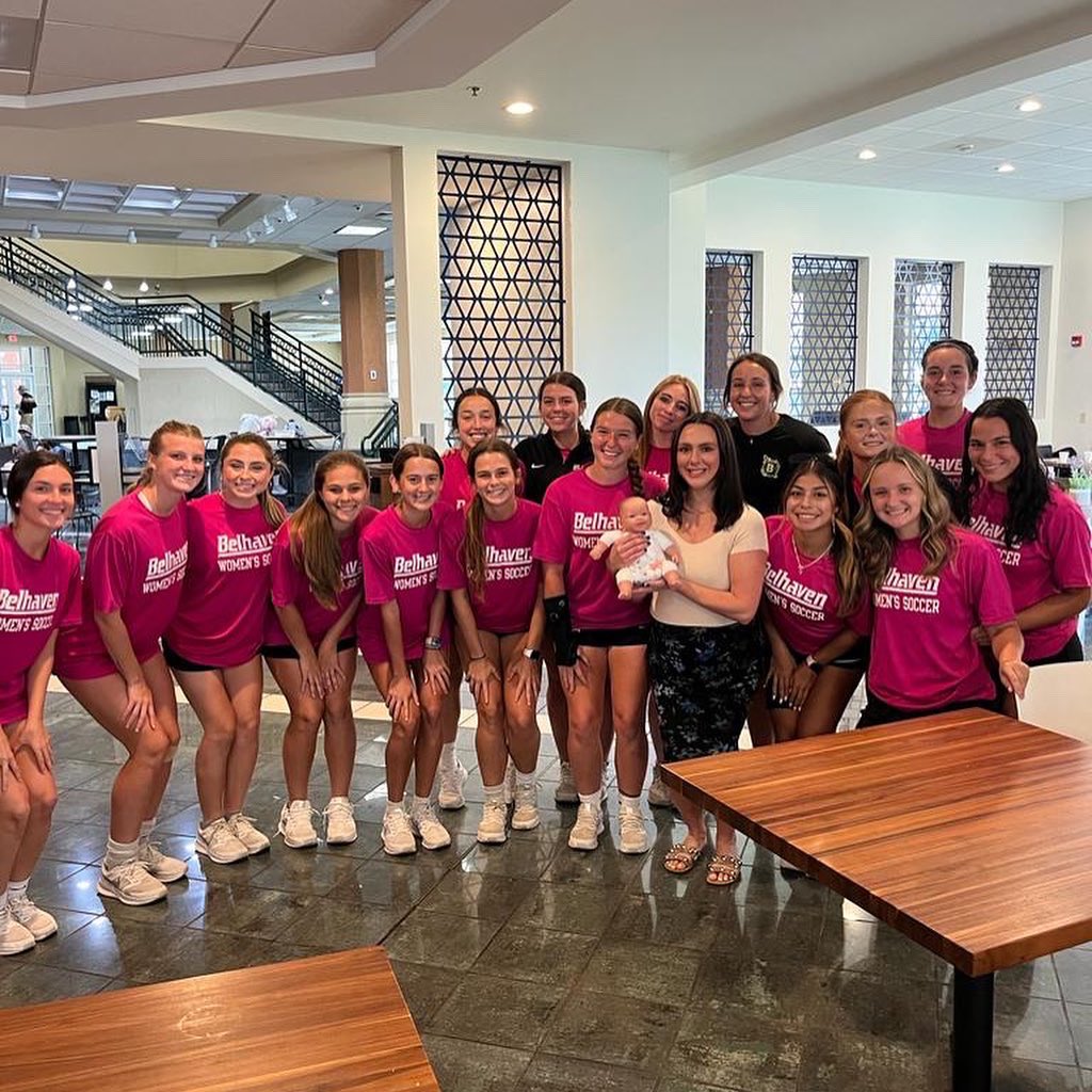 BelhavenWSoccer's tweet photo. Mixed up our gameday routine yesterday with a surprise baby shower for Coach Jonny &amp; his wife Beth followed by a devotional from Lillian Cranford’s Dad, Bob! #TeamBeth came out on top in the ‘diaper changing challenge’…#TeamJonny have room for improvement…😂🤰🏻 #GoBlazers https://t.co/zDJLhGrS1L