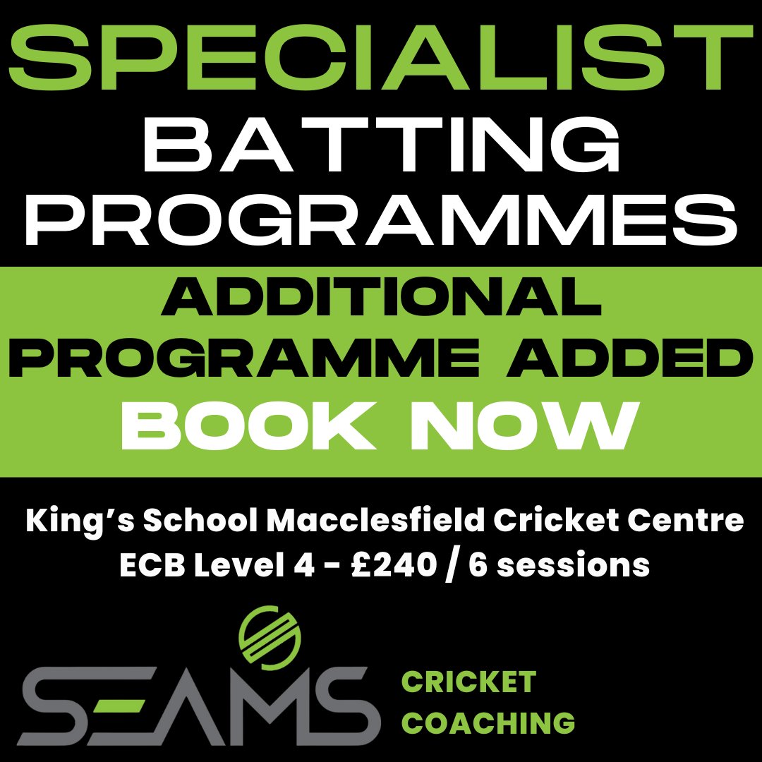 SEAMSCricket's tweet photo. Additional SEAMS #SpecialistBatting 🏏 Programme added 10am-12pm, Saturday 11 November - 16 December 2023. Limited places, book your place now! Click on link for further info #cricketcoaching #battingcoaching #ecblevel4coaching #macclesfield #Cheshire - https://t.co/t0iMt4gUTq https://t.co/ZnbhntX1b1