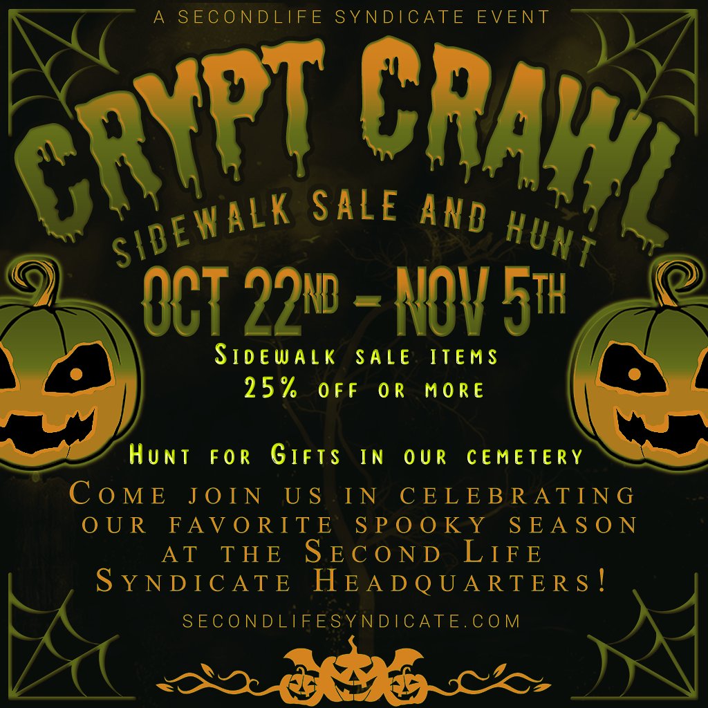 sl_syndicate's tweet photo. It's Crypt Crawl! Shop our sidewalk sale for new, special edition, and previous releases for 25% off or more! Hunt for 150 hidden lollipops packed with goodies while you experience a fun custom mini story that may lead you astray...if you dare!

TP: https://t.co/xtpKh3jZNA https://t.co/kVvX1lMKVU
