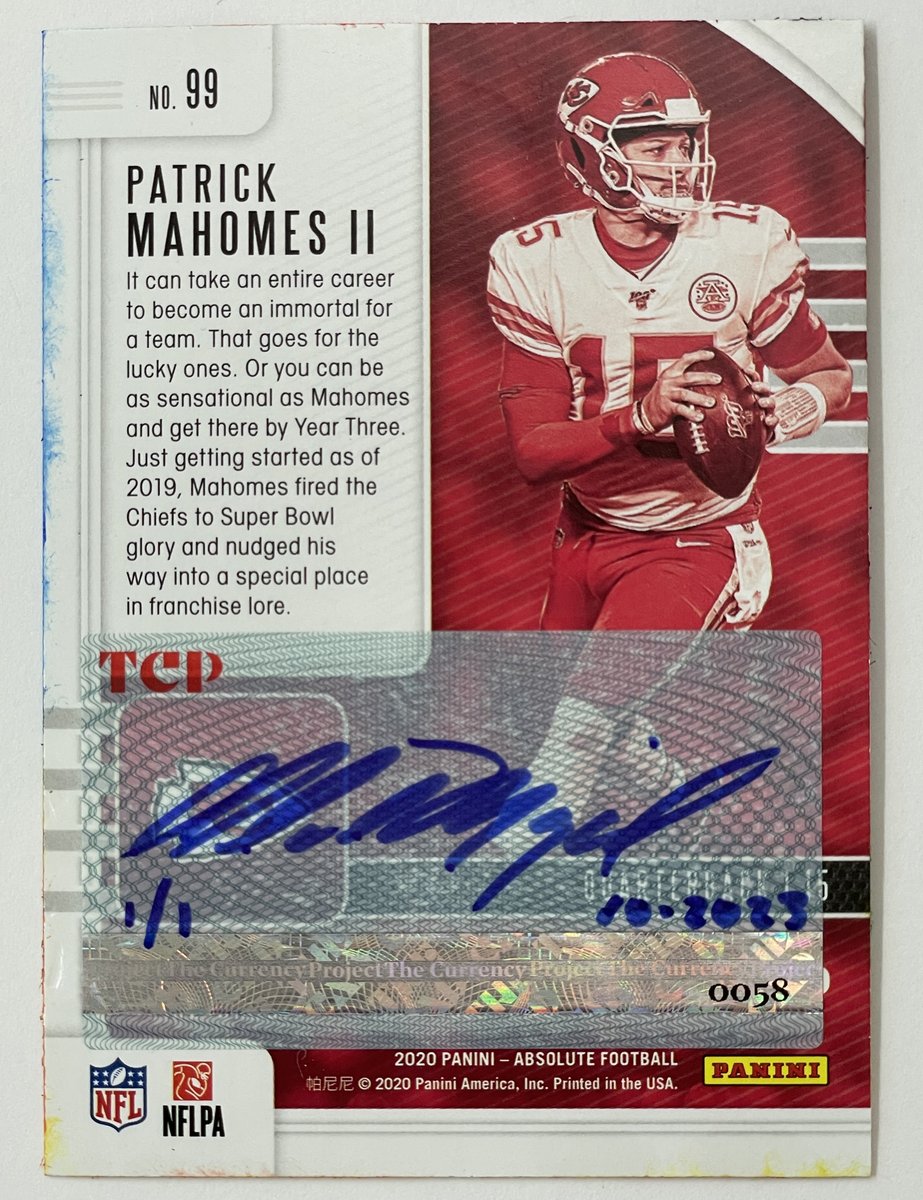 Title:  New Dawn - Mahomes (Color Field series)
Medium: Oil paint on authentic 2020 Panini Absolute football card No. 99
TCP Serial Number 0058 
#art #patrickmahomes #thecurrencyproject #nfl #miniaturepainting #oilpainting #conceptualart