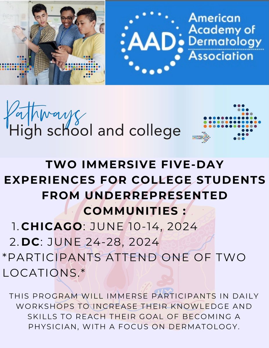 Calling all MAPS students! Be sure to apply for the 2024 AAD Pathways Derm Career Prep Program! This amazing program can take place in either Chicago or DC; you will receive hands-on experience and tips to aid in your ability to successfully apply to medical school!