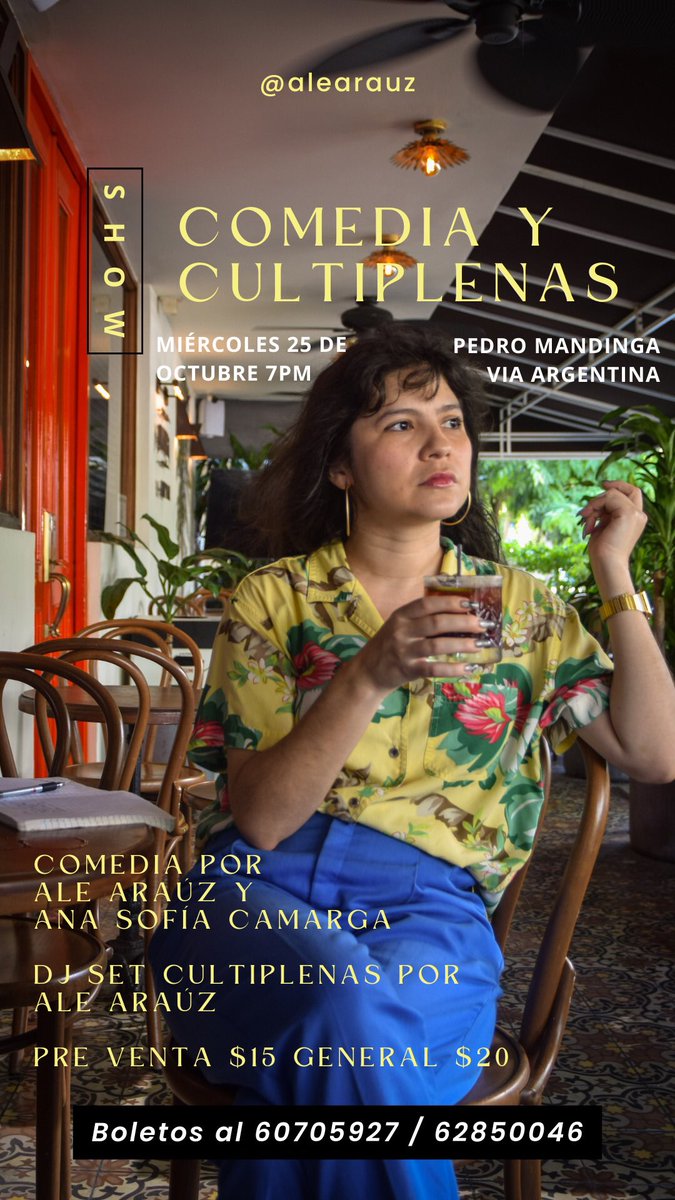 AleArauz's tweet photo. Miércoles 25 haré un especial de comedia en Pedro mandinga vía argentina 7pm

Boletos pre vengan $15
$20 general 
Incluyen 1 cerveza o cóctel de cortesía 

Me estaré presentando con @Voyria_tenella abriendo y luego Cultiplenas para todo público hasta las 12 mn
Ayuda con RT plz!! https://t.co/LfEwi3mU62