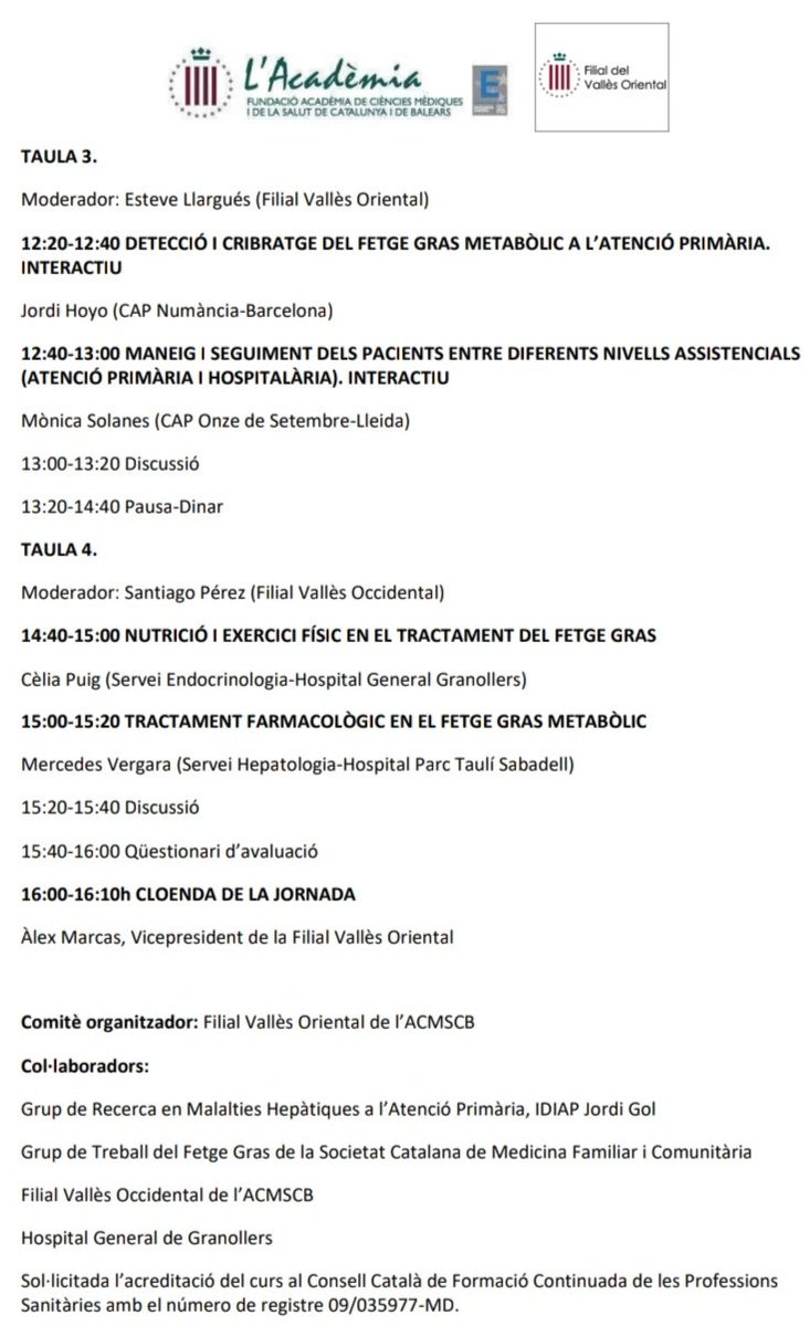 #jornadesfetgegras Ja tenim disponible el programa de les "Jornades d'actualització sobre la malaltia metabòlica del fetge gras a l'atenció primària" a la <a href="/FilialVOR/">Filial Vallès Oriental</a>