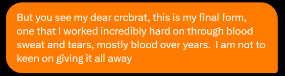 PV_Skinwalker's tweet photo. I went diving through Skinwalker's DMs, didn't have much better to do in between fighting faceless and getting into this damn tower

I do wonder where he is and what became of him after whatever the fuck Birdwatcher did

But I do found this line of his entertaining, I even agree https://t.co/QXZNJPoVdo