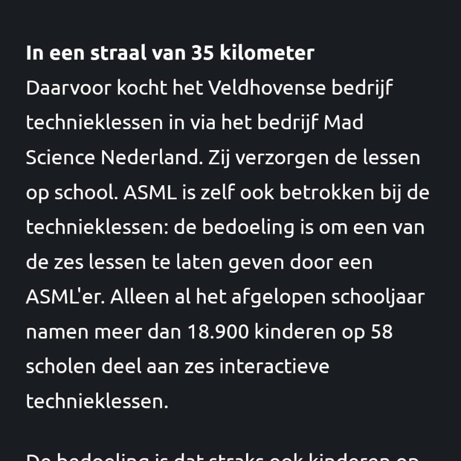 ASML gaat technieklessen op scholen verzorgen deels via Mad Science, maar een van de zes lessen gaat ook gegeven worden door een ASML'er - naast het normale werk. Zo creëert ASML tweebaans wegen voor medewerkers.