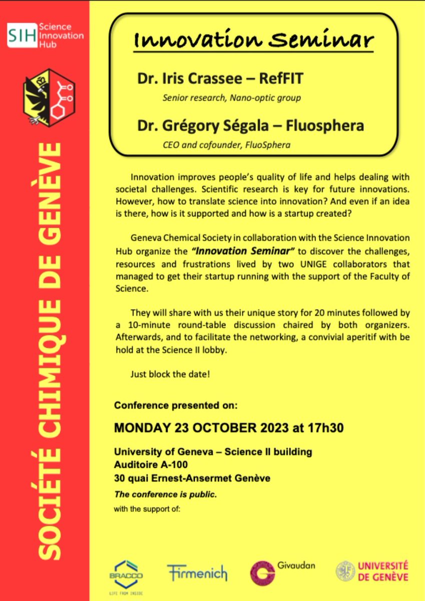 Amalia PB (@amaliapoblador) on Twitter photo Join us Tomorrow for our INNOVATION conference organised by <a href="/scg/">Sydney Cricket Ground</a> and <a href="/HubUnige/">Science Innovation Hub - UNIGE</a> at 17h30 room A-100 <a href="/sciences_UNIGE/">Faculty of Science | UNIGE</a>
Dr Iris Crasse and Dr Grégory Ségala will tell us their path to bring research and innovation together! The perfect way to start the week 🙌 Join us Tomorrow for our INNOVATION conference organised by <a href="/scg/">Sydney Cricket Ground</a> and <a href="/HubUnige/">Science Innovation Hub - UNIGE</a> at 17h30 room A-100 <a href="/sciences_UNIGE/">Faculty of Science | UNIGE</a>
Dr Iris Crasse and Dr Grégory Ségala will tell us their path to bring research and innovation together! The perfect way to start the week 🙌