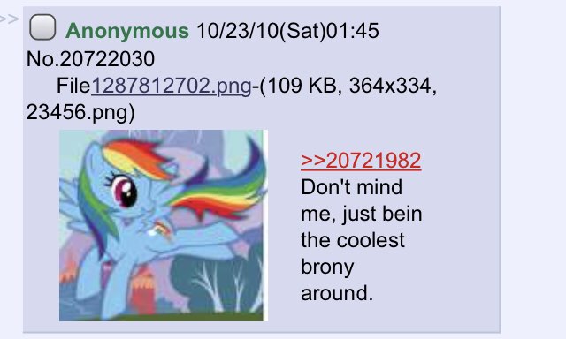 LittleshyFiM's tweet photo. Today is a sacred day

It has been 13 years since the first known use of the word "brony." https://t.co/Pzz9yEJQ1r