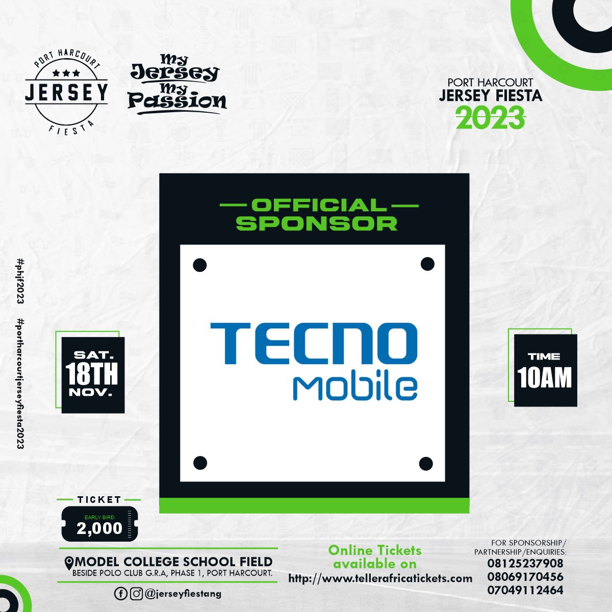 You don’t want to miss this event. Our first official sponsor. TECNO MOBILE !! Imagine the gifts that would be won 🥇 #phjerseyfiesta #PJF #portharcourt #TECNO #Tecnomobile