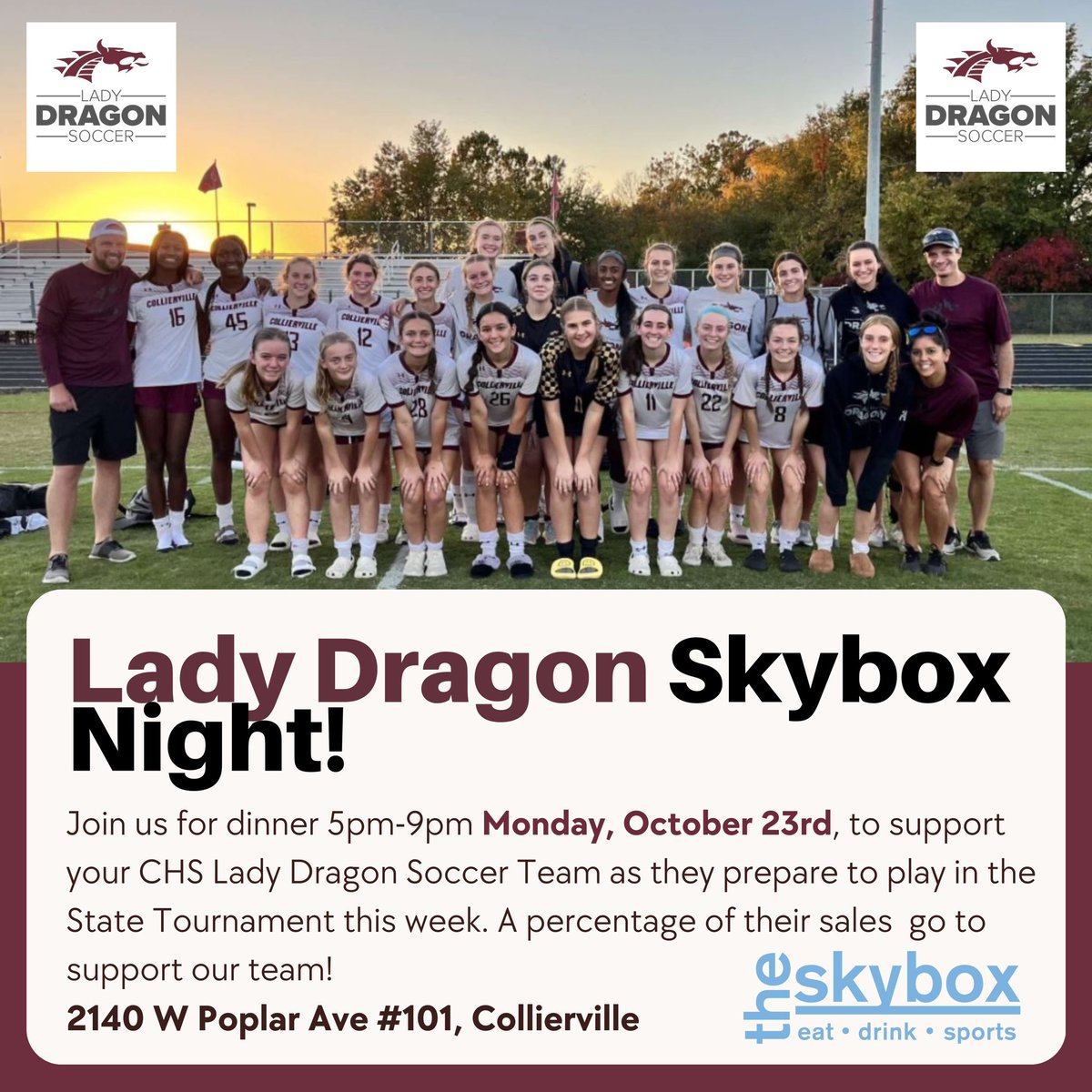 Please join us at our Skybox fundraiser night, Monday Oct 23rd to support your Lady Dragon soccer team! We receive a percentage of sales during this night and it’s a huge fundraiser for our student athletes.

#takethebridge 
#CHSLDS 
#LadyDragonSoccer 
#soccer
#StateTournament