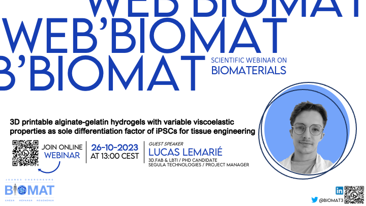 N'oubliez pas, on se retrouve ce jeudi 26 octobre à 13h avec Lucas Lemarié, doctorant CIFRE entre <a href="/3dFAB_platform/">3d.FAB</a>/<a href="/CNRSLbti/">LBTI</a> et <a href="/segula_group/">SEGULA TECHNOLOGIES</a> pour le #WEBBIOMAT d'Octobre🤓 Inscription via le QR Code ci-dessous ou au lien suivant: bit.ly/WEBBIOMATOctob…)