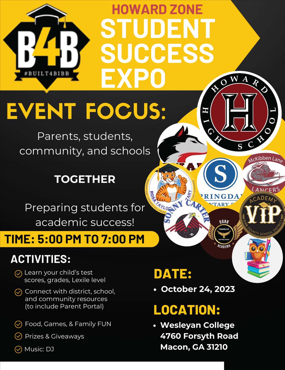You're Invited! We need everyone to "SHOW UP" and support the Howard Zone Student Success Expo this Tuesday, October 24th 5-7pm at Wesleyan College. Come and connect with our Howard zone elementary, middle, and high schools. #GoHuskies #AllInTogether
