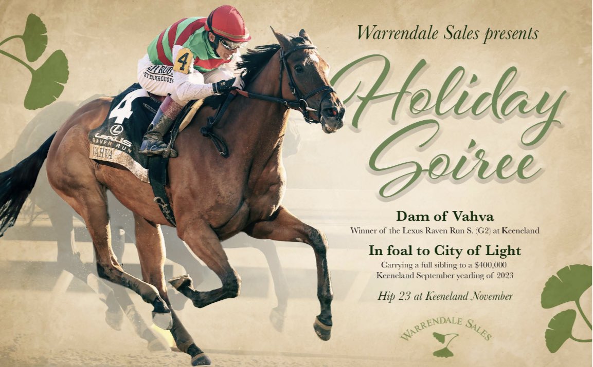 theTDN's tweet image. 📣 @WarrendaleSales presents Holiday Soirée, dam of GII Raven Run S. winner Vahva, at @keeneland November, in foal to City of Light.