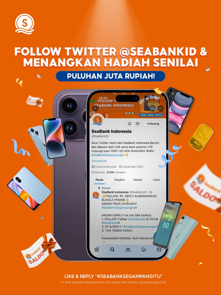 📣FOLLOW TWITTER SEABANK DAN MENANGKAN HADIAH SENILAI PULUHAN JUTA RUPIAH!!📣

Ada banyak banget hadiah spesial buat Sobat SeaBank, mulai dari emas sampai dengan IPHONE 14 yang siap kamu bawa pulang secara GRATIS!

✨Yuk FOLLOW &amp; REPLY "#SEABANKSEGAMPANGITU" sekarang!✨