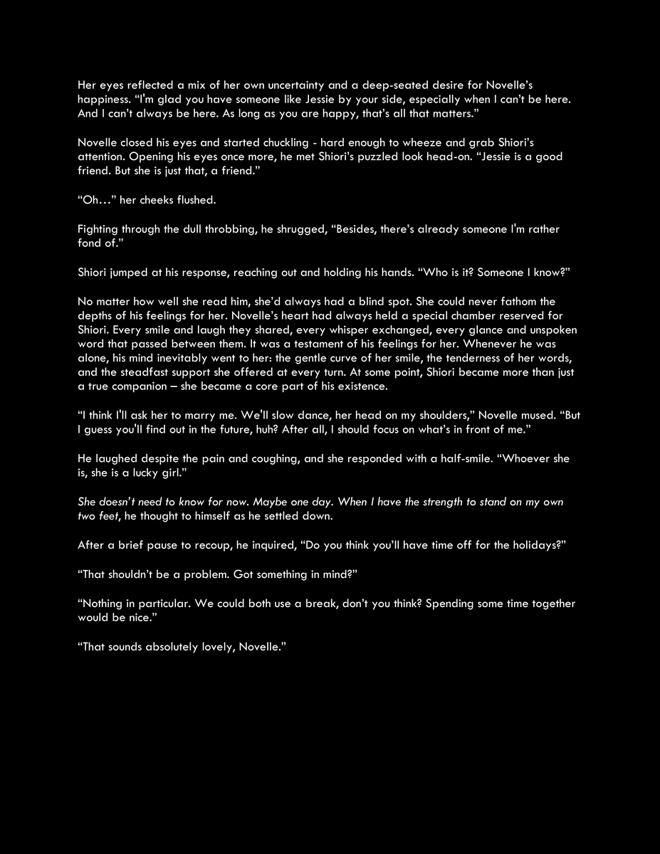 IngramPlisken's tweet image. The other story I wanted to write during my break. Inspired by the membership stream when Shiori mentioned the Novella experience. I wonder how Novelle feels about everything. A happier story.

Lucky or unlucky. It’s just all a matter of perspective.

#ShiorinStories