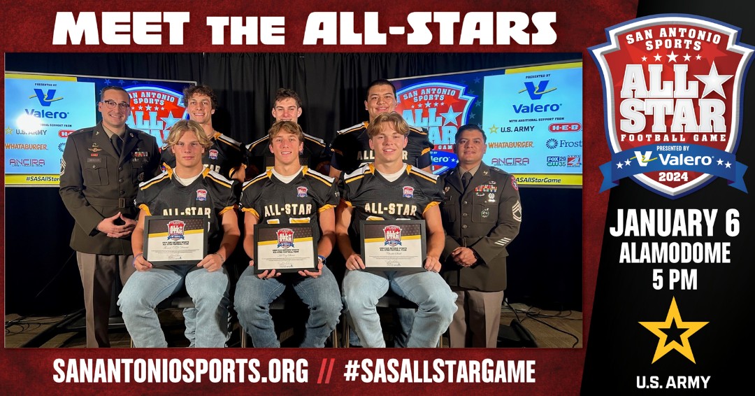 San Antonio Sports (@sa_sports) on Twitter photo Tonight we begin celebrating seniors selected to play in the #SASAllStarGame pres. by <a href="/ValeroEnergy/">Valero</a>. Watch <a href="/KABBFOX29/">FOX SA</a> Max. Sports at 9:30 p.m. & meet <a href="/HoundFootball/">Boerne Football</a> <a href="/TJ_DEMENT20/">TJ Dement</a> <a href="/McCoy_Bruce5/">McCoy Bruce</a> <a href="/charlie_stahl31/">Charlie Stahl</a> & <a href="/ChampionHSFB/">We Are Champion Football</a> <a href="/SawyerBolli/">Sawyer Bolli</a> @Gage_goldberg1 <a href="/GarrisKieran/">Kieran Garris</a>. Congrats! Tonight we begin celebrating seniors selected to play in the #SASAllStarGame pres. by <a href="/ValeroEnergy/">Valero</a>. Watch <a href="/KABBFOX29/">FOX SA</a> Max. Sports at 9:30 p.m. & meet <a href="/HoundFootball/">Boerne Football</a> <a href="/TJ_DEMENT20/">TJ Dement</a> <a href="/McCoy_Bruce5/">McCoy Bruce</a> <a href="/charlie_stahl31/">Charlie Stahl</a> & <a href="/ChampionHSFB/">We Are Champion Football</a> <a href="/SawyerBolli/">Sawyer Bolli</a> @Gage_goldberg1 <a href="/GarrisKieran/">Kieran Garris</a>. Congrats!