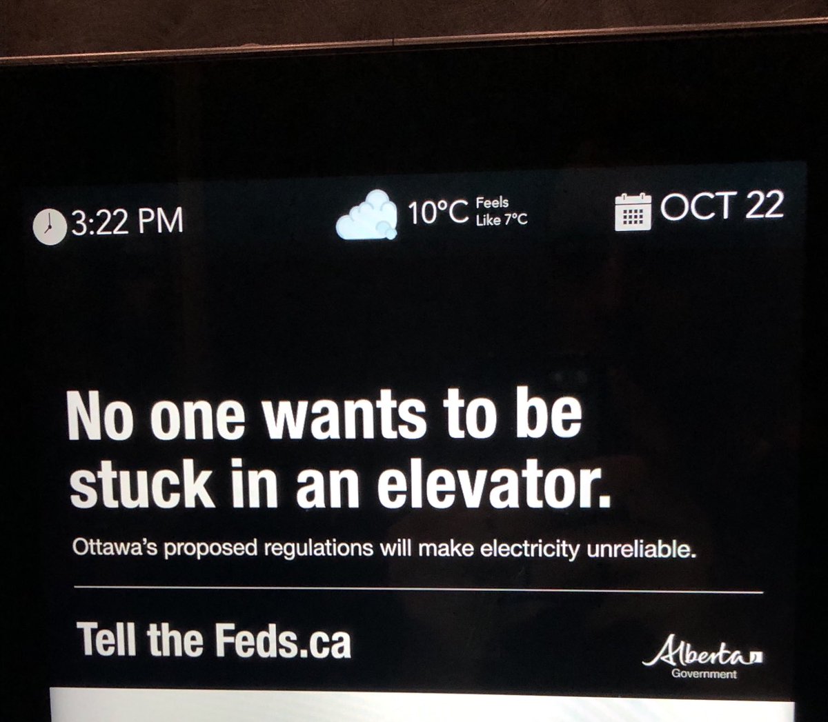 Wow. Oil & gas propaganda is getting seriously loony. Forget the communities devastated by climate fires and flooding folks, if we cut fossil fuel pollution Torontonians will get trapped in their elevators (apparently). This is a real ad running in a condo elevator in Toronto!