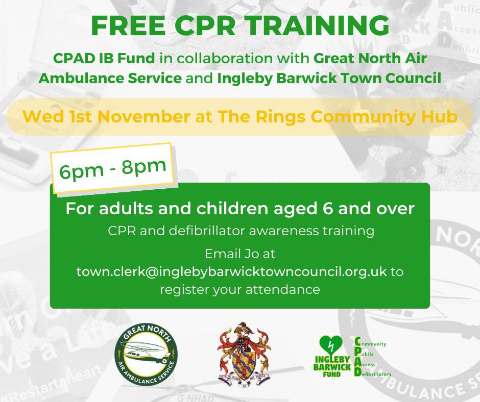 CPADIngleby's tweet photo. CPAD IB Fund free Community CPR &amp; Defibrillator Awareness Training &amp; @GNairambulance talk 
1st November
6 - 8pm 
The Rings Community Hub Ingleby Barwick 

All welcome, please register your attendance by emailing Jo McGeeney town.clerk@inglebybarwicktowncouncil.org.uk https://t.co/u8bc5bG9JC