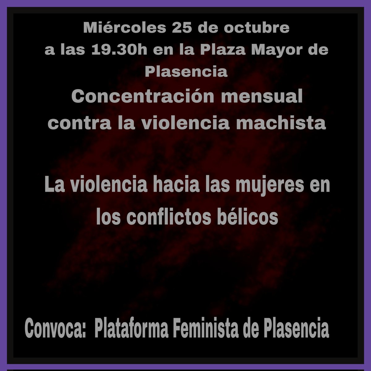 Plataformafemi3's tweet photo. El miércoles a las 19.30h, en la plaza mayor de Plasencia, concentración mensual contra la violencia machista.
Las mujeres y las niñas en tiempos de guerra son tratadas como “botín”. 
La violación es una táctica utilizada como estrategia de terror y como forma de tortura #BastaYa https://t.co/Wjh21rvPZU
