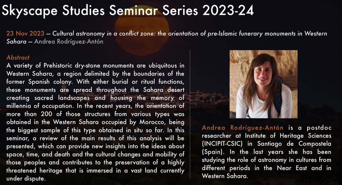 Journal of Skyscape Archaeology (@jskyscapearch) on Twitter photo Our next free online #Skyscapes Seminar on orientation of pre-Islamic funerary monuments in Western Sahara will take place on
✨4pm (GMT & UTC) 23/11/23 tinyurl.com/3ybr5vep hosted by <a href="/JSkyscapeArch/">Journal of Skyscape Archaeology</a> <a href="/BU_ArchAnth/">Bournemouth Arch & Anth</a> <a href="/SophiaCentre/">Sophia Centre</a> & Sophia Centre Press. All welcome, pls share Our next free online #Skyscapes Seminar on orientation of pre-Islamic funerary monuments in Western Sahara will take place on
✨4pm (GMT & UTC) 23/11/23 tinyurl.com/3ybr5vep hosted by <a href="/JSkyscapeArch/">Journal of Skyscape Archaeology</a> <a href="/BU_ArchAnth/">Bournemouth Arch & Anth</a> <a href="/SophiaCentre/">Sophia Centre</a> & Sophia Centre Press. All welcome, pls share