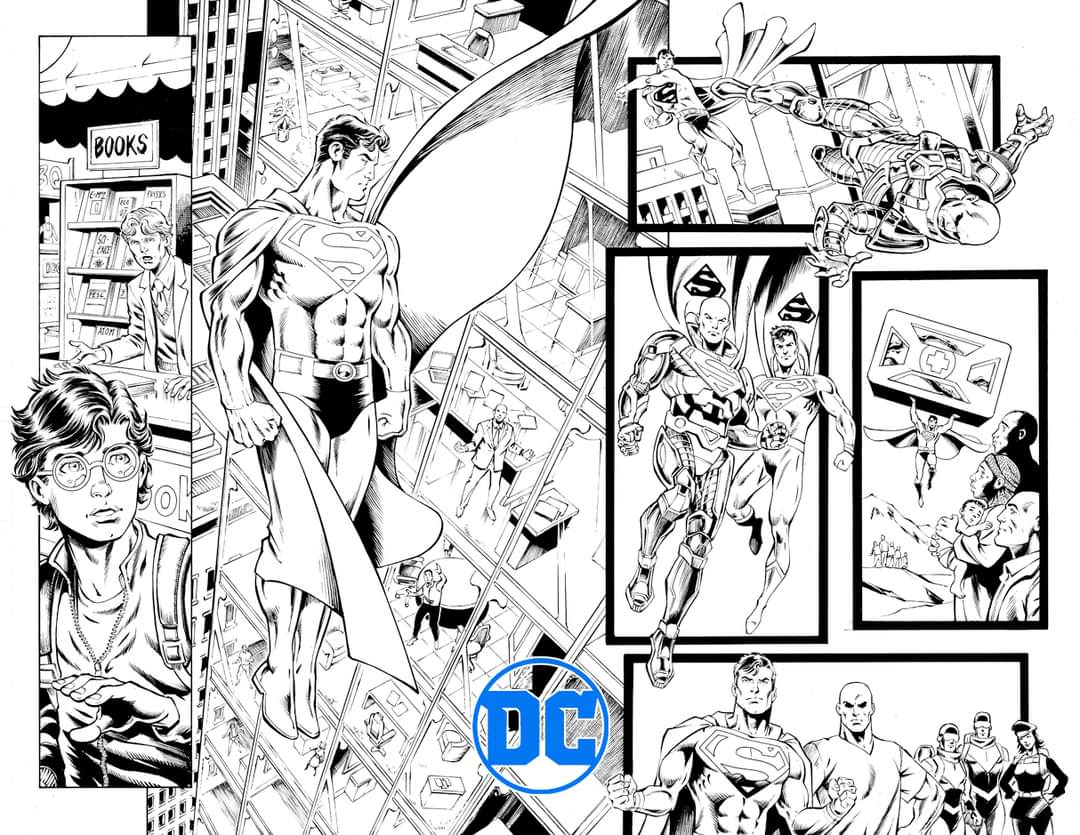 NormRapmund's tweet photo. Double page from Superman #7 (#850) Jurgens/Rapmund. @DCOfficial #DCcomics #Superman #ManOfSteel #LexLuthor #OriginalArt #DoublePage https://t.co/VuZUG79COu