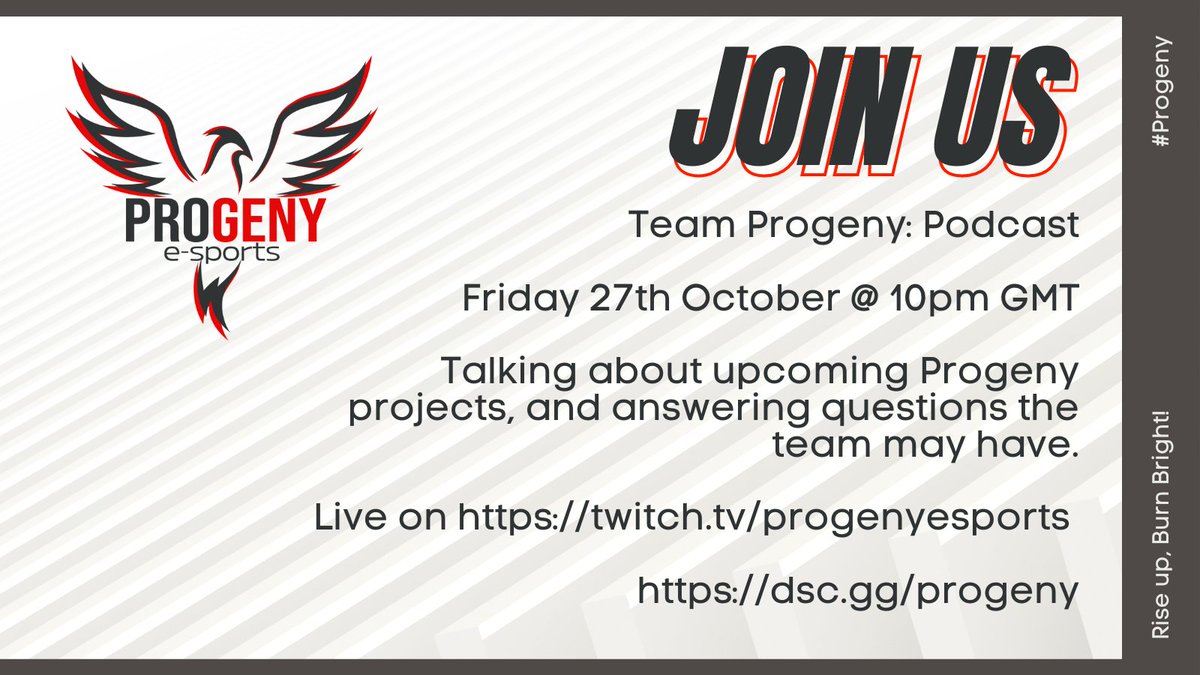 Exciting news! Join us on Twitch.tv/ProgenyEsports for the upcoming Progeny Podcast. We're diving into Progeny's future plans and eSports adventures. Don't miss the exclusive insights and epic discussions! #ProgenyPodcast #eSportsFuture