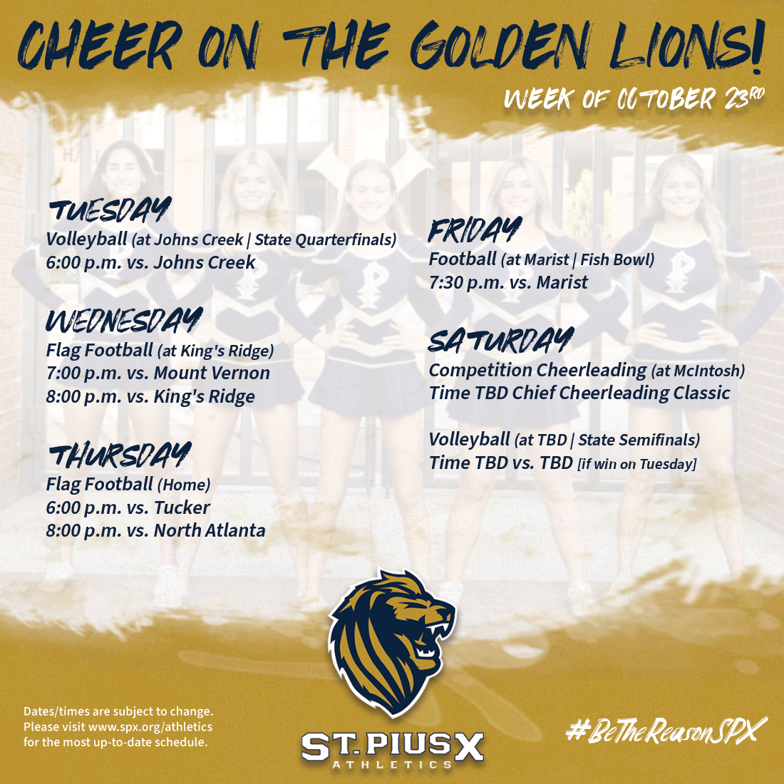 🏐Volleyball State Playoffs, 🏈Flag Football, 🐟Fish Bowl and📣Competition Cheerleading. Busy week for the Golden Lions! #BeTheReasonSPX