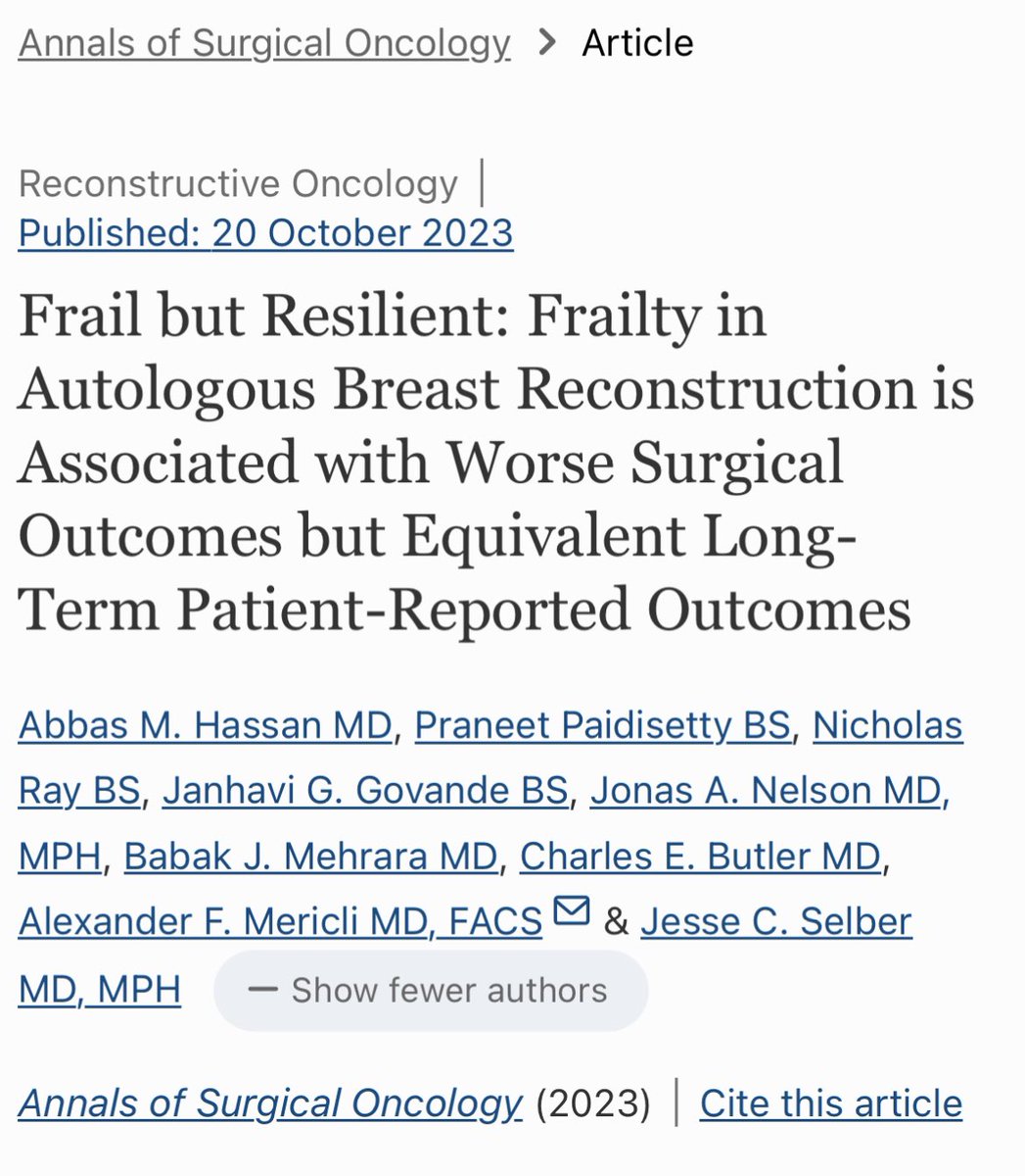 Our recent study @AnnSurgOncol shows that Frailty significantly affects breast reconstruction outcomes: 🔍 MFI ≥ 2 correlates with higher risks but similar patient-reported outcomes 🔍 Notable risk factors: COPD, reconstruction type & timing, tobacco use, and functional status