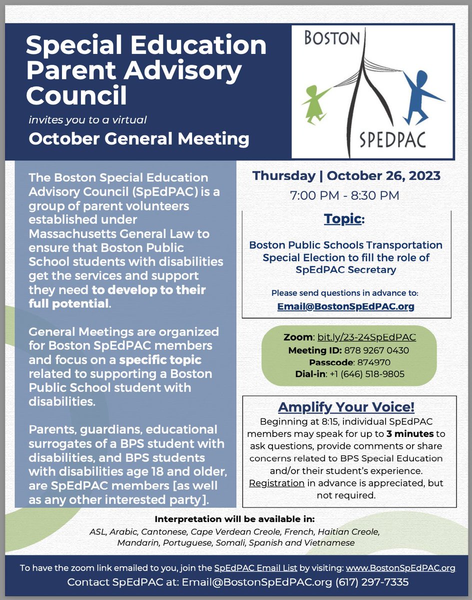 Boston SpedPac (@bostonspedpac) on Twitter photo Join Us on Zoom! Thurs, Oct 26, 7 PM
Topic: BPS Transportation & Special Election
Oct Mtg Flyers, with translations:
bostonspedpac.org
Want the Zoom Link sent straight to you? Join out Mailing list @ bit.ly/SpEdPAC_Mailin…
Questions? BostonSpEdPAC411@gmail.com Join Us on Zoom! Thurs, Oct 26, 7 PM
Topic: BPS Transportation & Special Election
Oct Mtg Flyers, with translations:
bostonspedpac.org
Want the Zoom Link sent straight to you? Join out Mailing list @ bit.ly/SpEdPAC_Mailin…
Questions? BostonSpEdPAC411@gmail.com