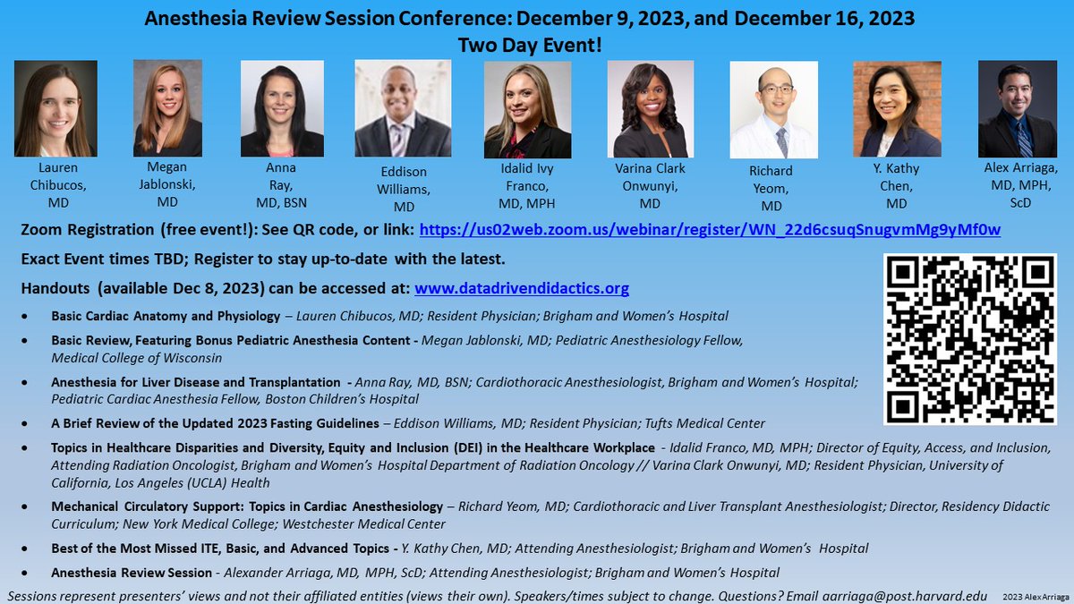 So grateful to @VRClarkMD,@IvyRadOncMD,& Drs. Lauren Chibucos,Megan Jablonski,Anna Ray,Eddison Williams, Richard Yeom, & Kathy Chen! Anesthesia Review Session Conf 2023=High Yield Sessions for Lifelong Learning! QR Code to Register #ARSC_2023 #DataDrivenDidactics #FOAMed #MedEd