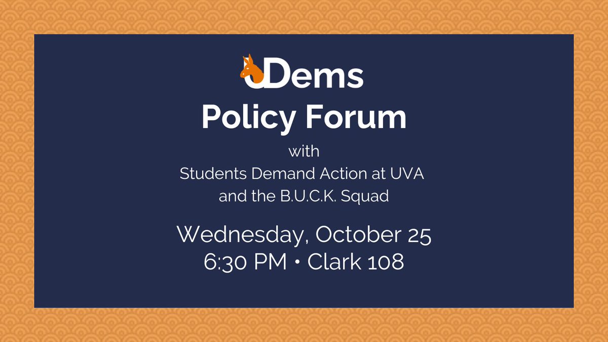 DemsatUVA's tweet photo. This Wednesday will be our fall semester policy forum where we discuss major issues in politics today. We will be joined by @sda_at_uva, a CIO that advocates for sensible gun reform, and @bucksquad911, a Cville organization that reduces gun violence through community outreach. https://t.co/cE5AQElSrt