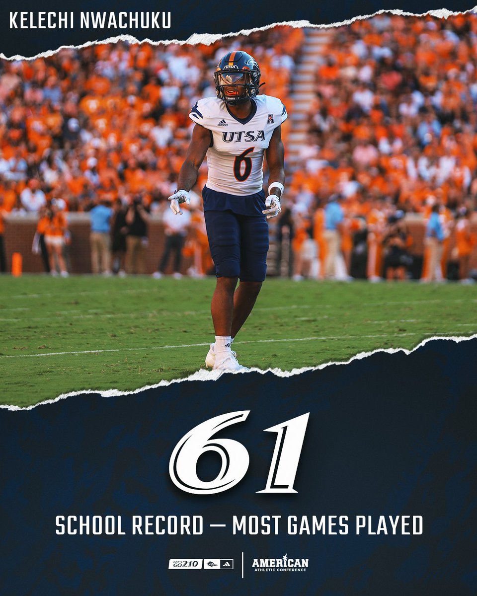 🚨 𝐑𝐄𝐂𝐎𝐑𝐃 𝐀𝐋𝐄𝐑𝐓 🚨

UTSA senior Kelechi Nwachuku played in his school record-tying 61st career contest in the 36-10 road win over Florida Atlantic.

#210TriangleOfToughness
#LetsGo210 | #BirdsUp 🤙