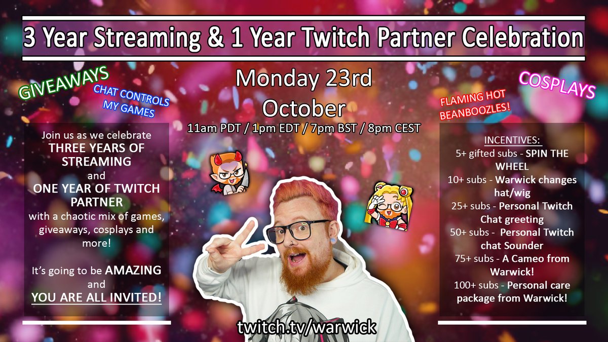 WE'RE HAVING A PARTY &amp; YOU ARE ALL INVITED!🥳

On Monday 23rd October, we are celebrating 3 YEARS STREAMING AND 1 YEAR TWITCH PARTNER!

Games, giveaways, cosplays and more! YOU WON'T WANT TO MISS THIS!

11am PDT/1pm EDT/7pm BST