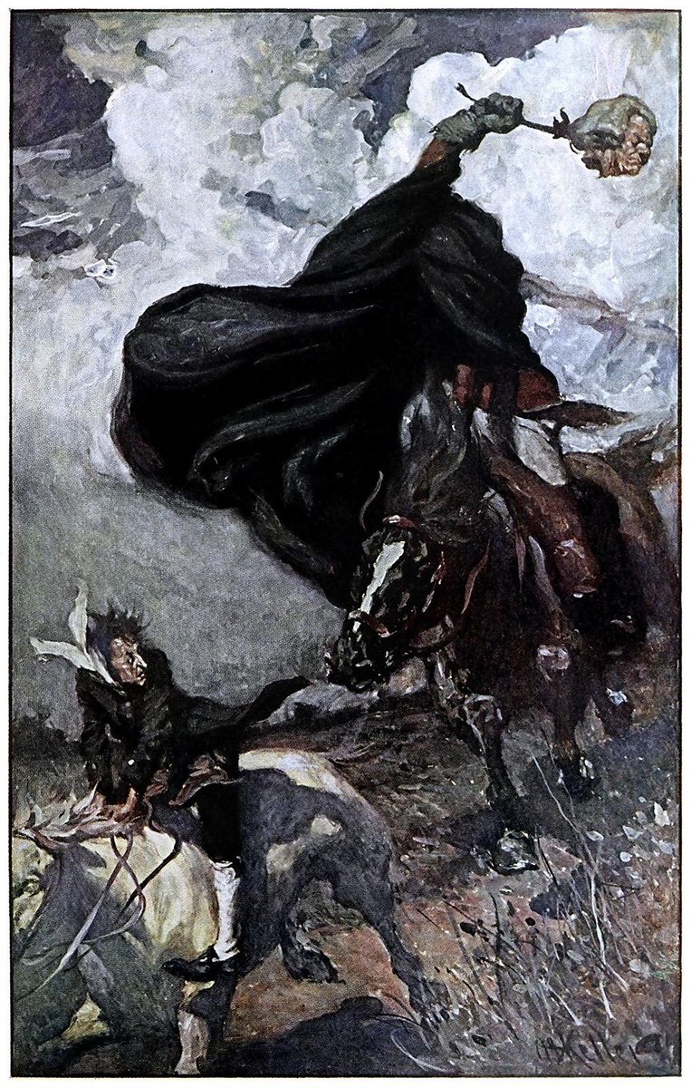 💀
And suddenly he saw that the Ghost rises in the stirrups, swings the arm and throws him head. Ichabod tried to Dodge this terrible throwing projectile, but it was too late.  
The Legend of Sleepy Hollow, Washington Irving
🎨Arthur Keller’s  1906
 #ofdarkandmacabre