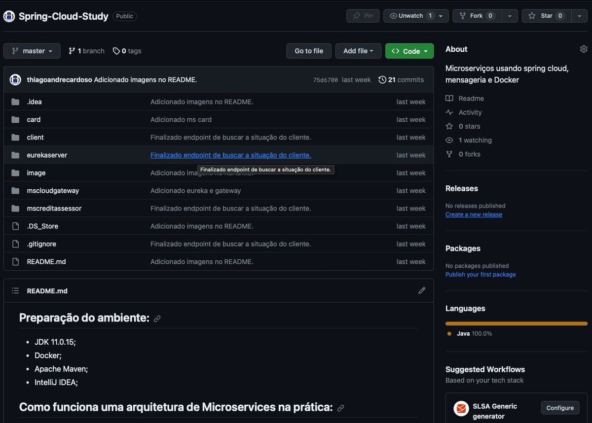 programador_who's tweet image. Boa tarde, Galera,

Pra quem não viu ainda, estou documentando um curso de Microserviços que estou fazendo da Udemy.

Estou colocando TUDO no GitHub pra você poder estudar junto comigo, ou with me. 

Link nos comentários.

JAVA
SPRING CLOUD
BROKER