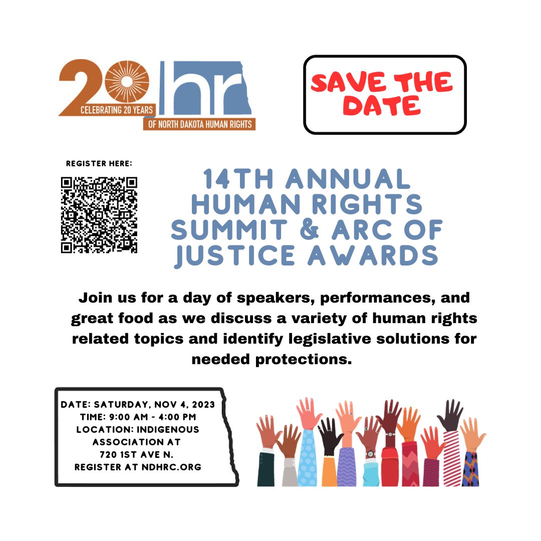 We have two very exciting and fun events coming up! The fundraiser dinner at Bernbaum's on Nov 3 and our Human Rights Summit on Nov 4! Deadline for the dinner is Oct 26th! Come to support human rights in ND!