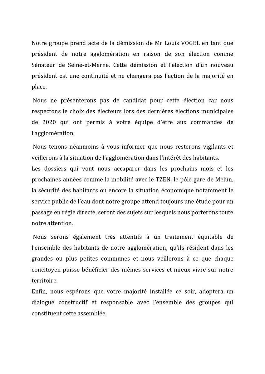 ps_melun's tweet photo. Explication de vote du groupe "https://t.co/4nfoPprOJv pour L’Agglomération Melun Val de Seine" de l'@AggloMVS à l'occasion de l'élection de son président, puisqu'il n'a a pas été possible de le faire lors de la séance du 18/10 ! https://t.co/qvBOPw9nnj