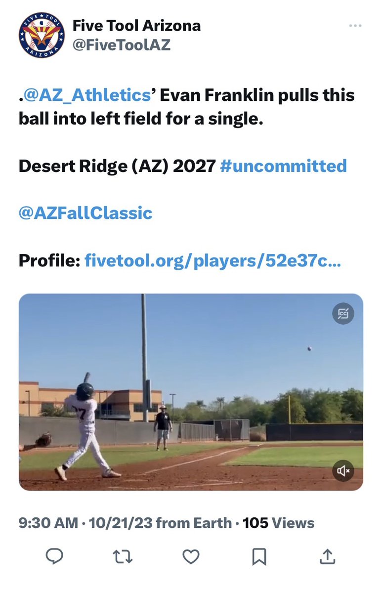 Evan_Franklin27's tweet photo. Got the start on the hill for game 1 on Saturday at the Easton Fall Classic. Went 5 complete innings, 0 runs allowed, 2 hits, 3 K's, 1 walk. Also went 1 for 1 and a walk that game. It was a fun weekend. @Coach_Ponce @AZ_Athletics https://t.co/g8pnmLsDm4