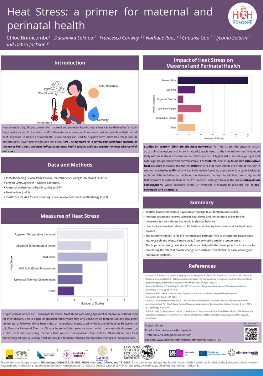 In case you missed it, @ChloBrim's poster from #ENBEL2023 can be seen below. 

A handy one-page review of the evidence on heat stress and heat indices in maternal health studies, and their association with adverse birth outcomes. 

@ClimateHealthEU