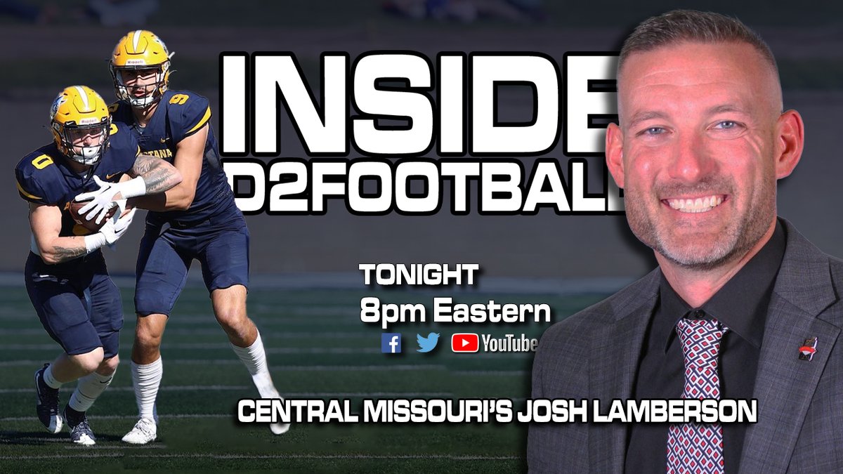 Top 25 Matchups, Regional Ranking Projections, and UCM Coach Josh Lamberson. Tonight at 8pm Eastern/7pm Central on Inside D2Football. youtube.com/watch?v=F-Xcx6…