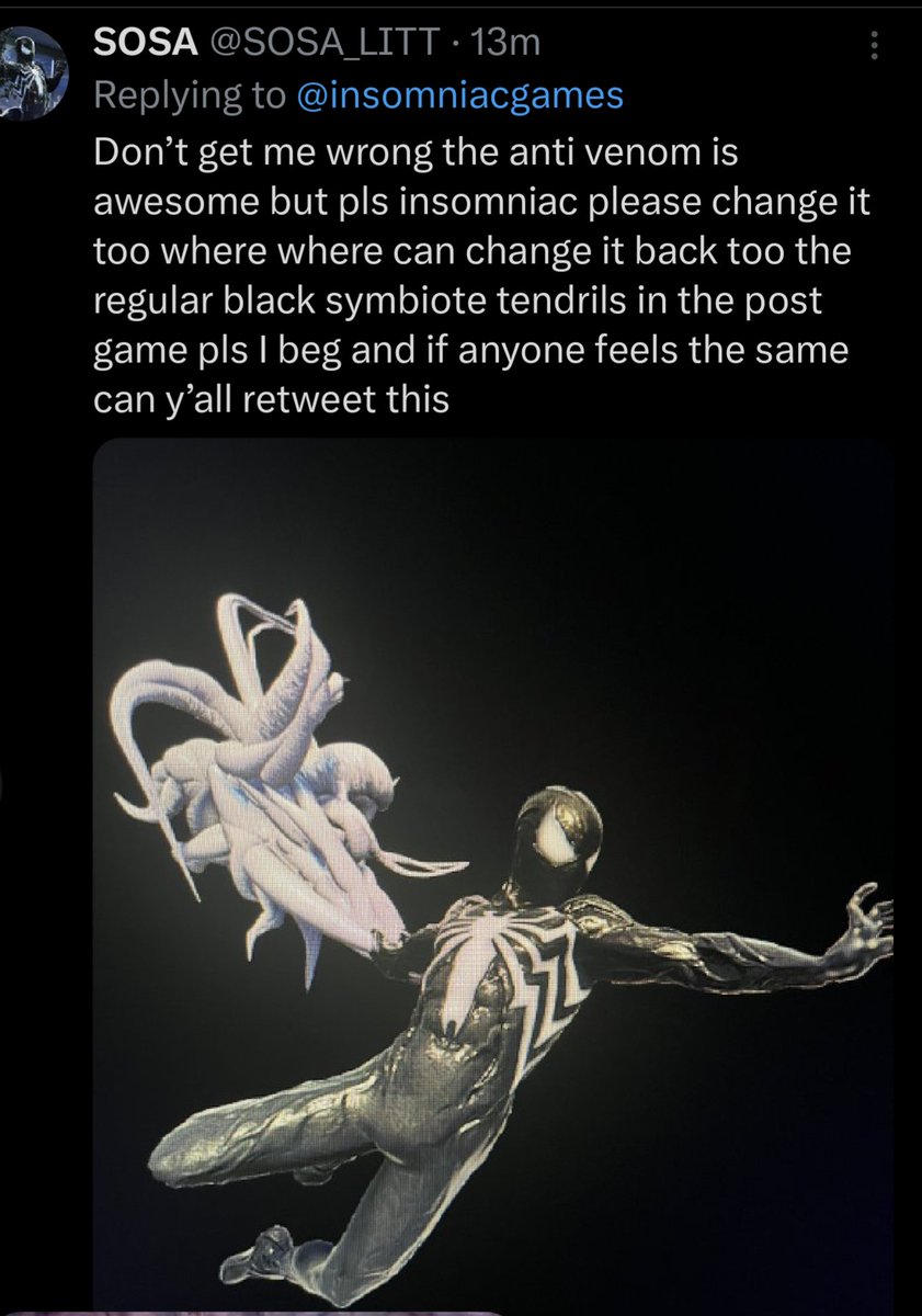 Verum_xxii's tweet photo. @insomniacgames @insomniacgames Do you have a response to this very popular critique? I think it's similar to the iron arms issue in the first game and it hinders the immersion! Also some people unlocked the Rami black suit to never use it with the black symbiote powers. That's so unfortunate! https://t.co/UyjfD2d9DP