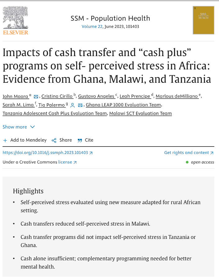 Transfer Project (@transferprojct) on Twitter photo Reassessing the 🔗 between #CashTransfers & self-perceived stress.
Maara, <a href="/Cri_Cirillo/">Cristina Cirillo</a>, Angeles, <a href="/LeahPrencipe/">Leah Prencipe</a>, @mdemilliano, @SMLimaMPH & <a href="/TiaPalermo/">Tia Palermo</a>
find that CTs ⬇️self-perceived stress in 🇲🇼, but programs in 🇬🇭🇹🇿had no impacts👇
sciencedirect.com/science/articl… Reassessing the 🔗 between #CashTransfers & self-perceived stress.
Maara, <a href="/Cri_Cirillo/">Cristina Cirillo</a>, Angeles, <a href="/LeahPrencipe/">Leah Prencipe</a>, @mdemilliano, @SMLimaMPH & <a href="/TiaPalermo/">Tia Palermo</a>
find that CTs ⬇️self-perceived stress in 🇲🇼, but programs in 🇬🇭🇹🇿had no impacts👇
sciencedirect.com/science/articl…