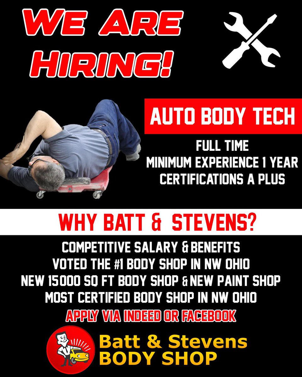 🚨𝗛𝗜𝗥𝗜𝗡𝗚 𝗔𝗨𝗧𝗢 𝗕𝗢𝗗𝗬 𝗧𝗘𝗖𝗛🛠️
✅Come join the #1 VOTED body shop and most certified collision repair center in Northwest Ohio!
🏆New facilities, competitive pay &amp; benefits, and more!

𝘼𝙥𝙥𝙡𝙮 𝘽𝙚𝙡𝙤𝙬👇
➡️ indeed.com/m/viewjob?jk=5…