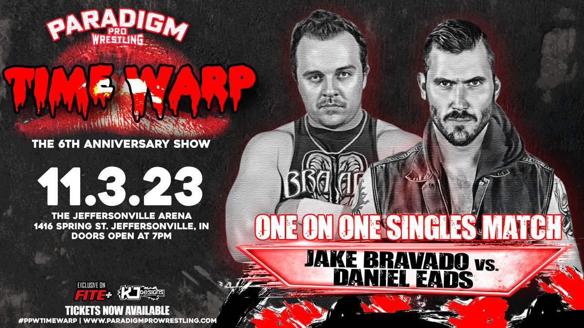 🚨 6th Anniversary Show 🚨 Our Inaugural Champion Returns @JakeBravado vs @D_ManOfTomorrow Limited ringside seating still available! 📅 Friday, November 3rd 📍Jeffersonville, IN 🎟️ParadigmProWrestling.com 💲Use promo code 6TH to save $6/ticket