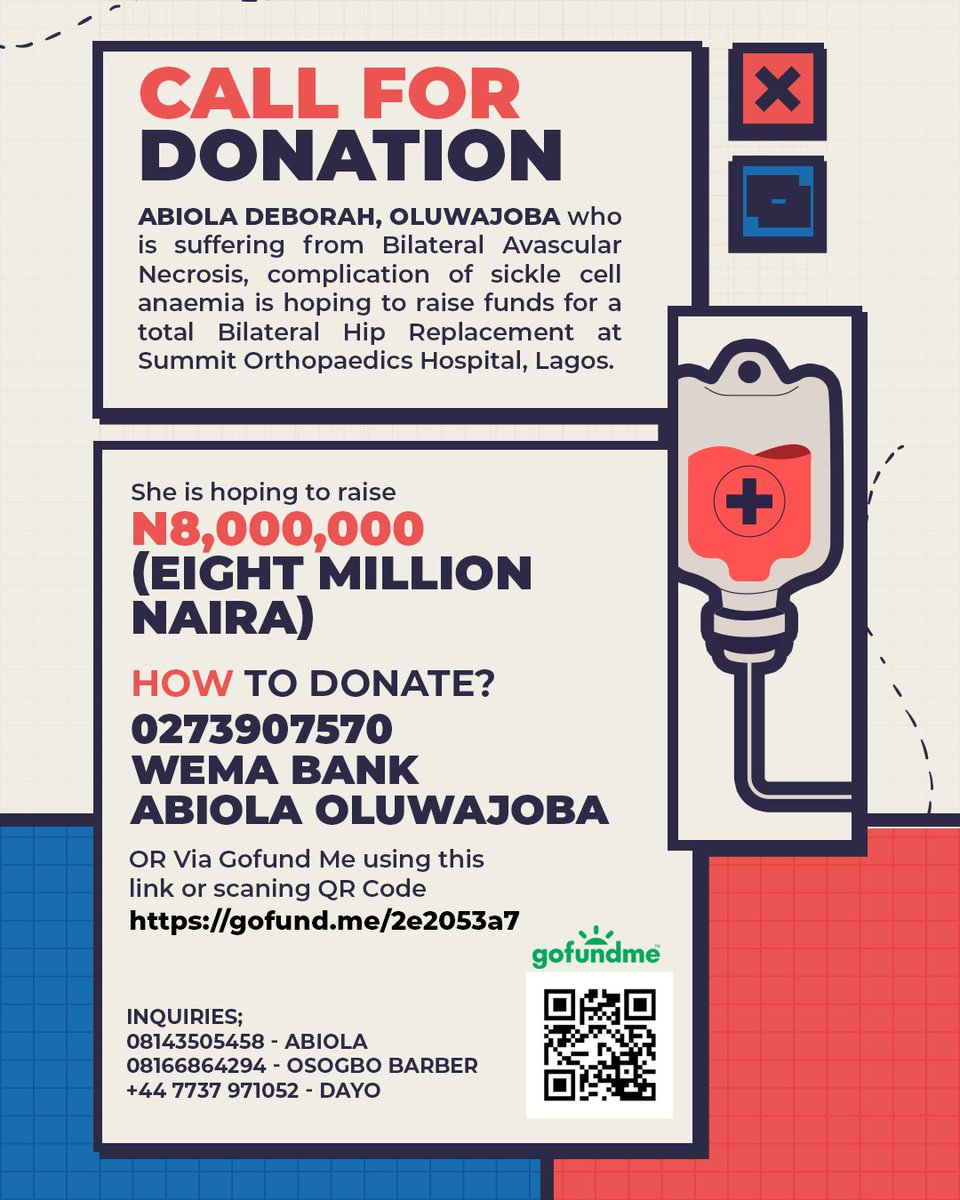 OsunTwitta's tweet image. One of us @oluwajobabiola needs our help.

Abiola Deborah, OLUWAJOBA who is suffering from  bilateral avascular necrosis, complication of sickle cell anaemia is hoping to raise a sum of #8m for a total bilateral hip replacement at Summit Orthopedic Hospital, Lagos.
