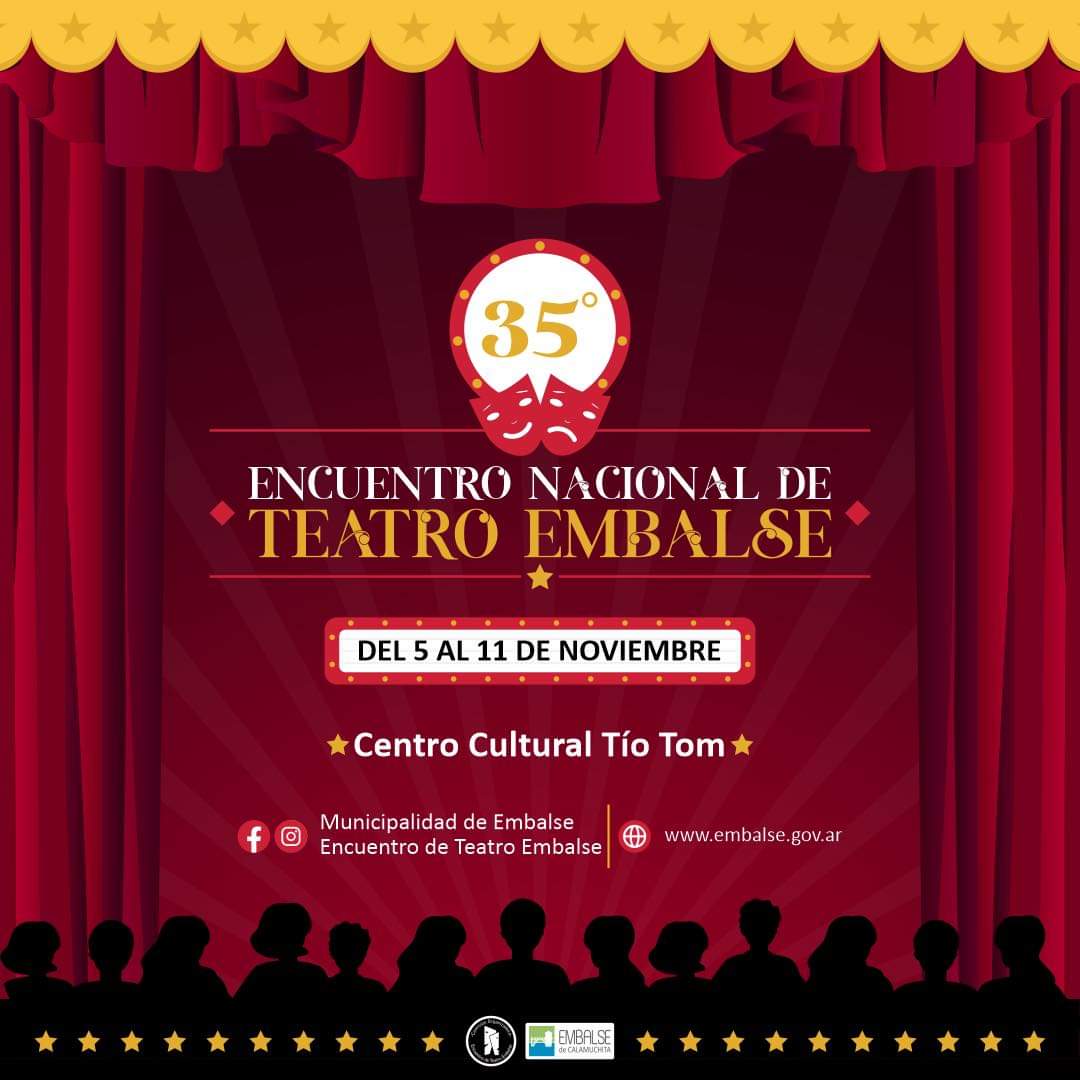 Embalse_Invita's tweet photo. 📣 35° Encuentro Nacional de #Teatro #Embalse 🎭

🗓️ Del 5 al 11/11
📍Centro Cultural Tío Tom 

👉🏼 La edición 2️⃣0️⃣2️⃣3️⃣ contará con la presentación de obras y elencos teatrales de todo el país.

Muy pronto compartiremos la grilla oficial. https://t.co/fT5jMVb5KG