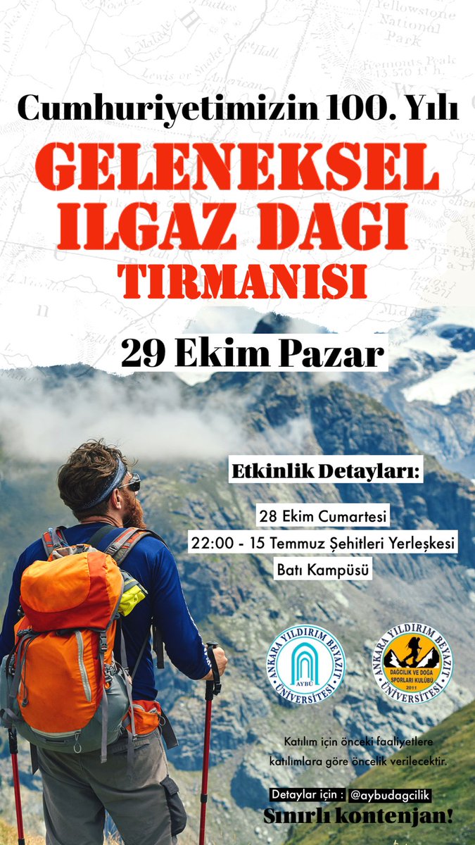 Cumhuriyetimizin 100.yılında AYBÜ Dağcılık Ve Doğa Sporları Kulübü olarak şanlı bayrağımızı Ilgaz Dağı'nın zirvesinde dalgalandıracağız. Etkinlik detayları ve başvuru için iletişime geçebilirsiniz. 🇹🇷