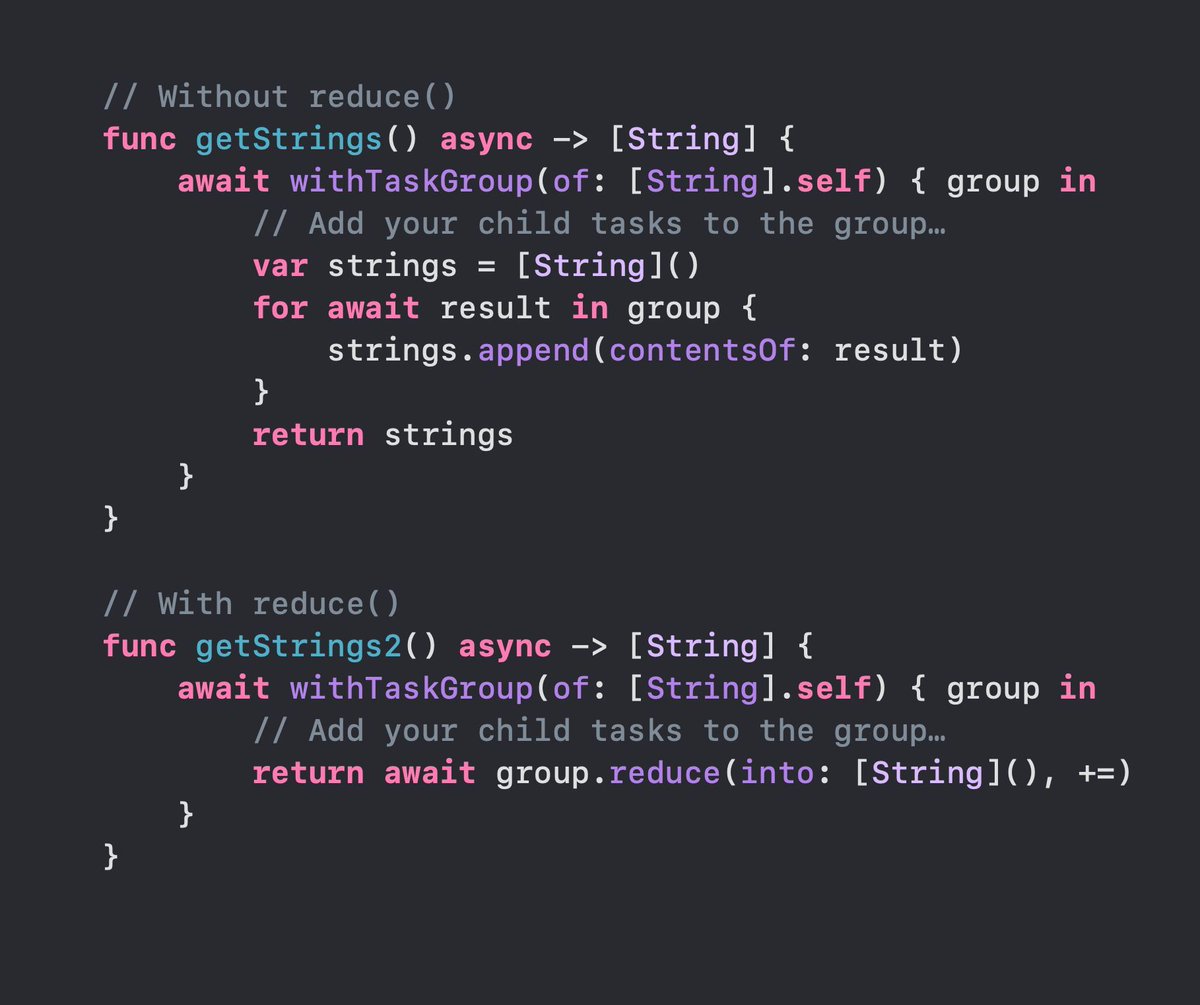 andresr_develop's tweet image. Did you know that the withTaskGroup() API in #Swift has the reduce() function built in? This can eliminate a lot of boilerplate. 
I learned this from hws+ by Paul Hudson.

#SwiftLang #iOSDev