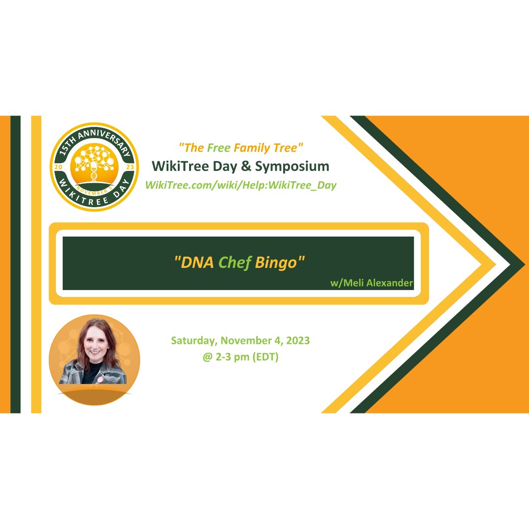 WikiTreers's tweet photo. Meli Alexander: "DNA Chef Bingo" Register for #WikiTreeDay2023 https://t.co/n5jPbxlhJg #WikiTreeDay @TheDNAChef https://t.co/E06NSD32Lc